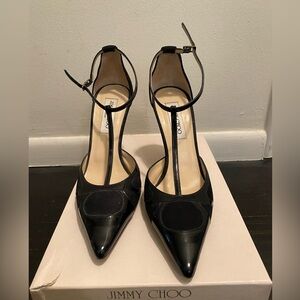 Jimmy Choo 38.5 Black patent leather/Suede Ankle Strap Heel